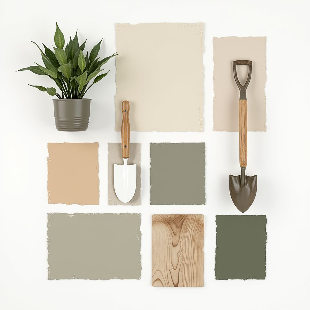 Prompt: a mood board of product designs, natural colors, garden tools, inspirational moodboard with sections